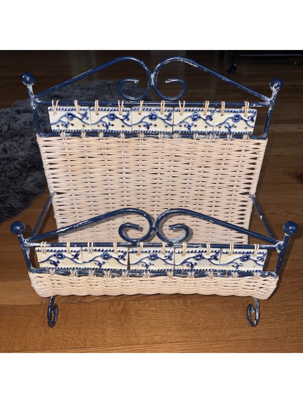 Cottage Core Vintage Wicker and Ceramic Tile Magazine Holder Handcrafted